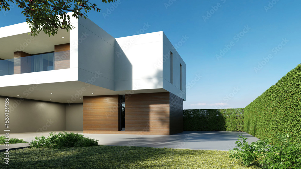 Poster modern house, minimal architecture with lawn grass and concrete garage driveway, 3d rendering of lux