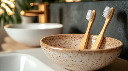 Bamboo toothbrushes in a speckled ceramic bowl
