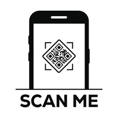 Minimalist black and white illustration: Smartphone silhouette centered on white, displaying a prominent QR code with scan lines. 