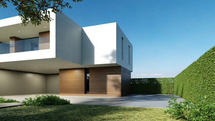 Modern house, Minimal architecture with lawn grass and concrete garage driveway, 3d rendering of luxury property building
