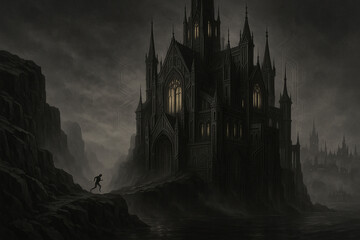 Obraz premium cathedral, man, running, cliff, sea, night, dark, church, gothic, medieval, religion