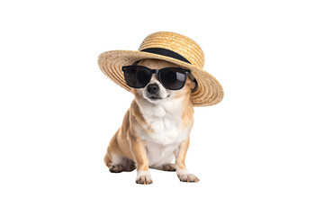 Adorable Chihuahua Dog Wearing Sunglasses and Hat. Summer Vibes. Transparent Background. Png.