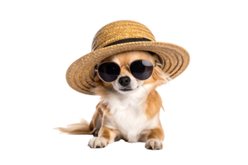 Fashionf Chihuahua Dog Wearing Sunglasses and Hat. Summer Vibes. Transparent Background. Png.