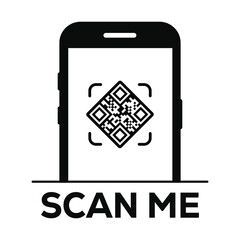 Minimalist black and white illustration: Smartphone silhouette centered on white, displaying a prominent QR code with scan lines. 