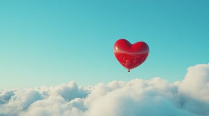 Heart-shaped balloon floating above the clouds under a clear blue sky