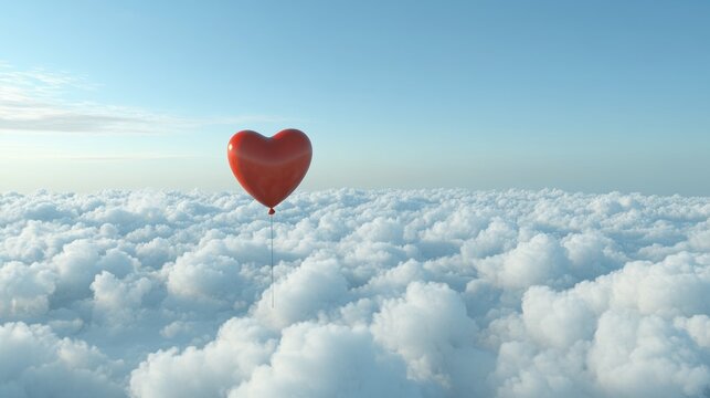 Heart-shaped balloon floating above a sea of clouds under a clear blue sky - Powered by Adobe
