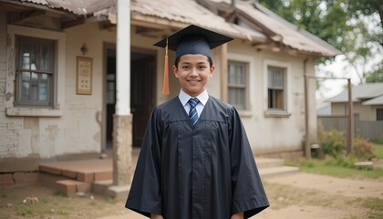 Young boy graduate in oversized cap and gown smiling outside a small rural schoolhouse