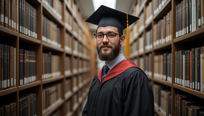 Caucasian male graduate with beard and glasses standing near bookshelves in library wearing cap and gown