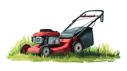 Digital illustration of a red lawn mower sitting in a patch of green grass against a white background. The lawn mower is depicted in a slightly stylized manner, with visible details such as the