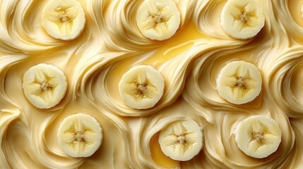Banana slices arranged on swirled cream