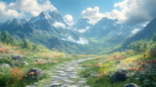 A serene mountain valley with a stone path winding through vibrant wildflowers and lush greenery under a partly cloudy sky. - Powered by Adobe