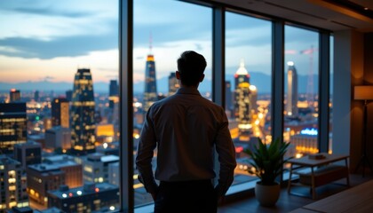 Fototapeta premium Young Businessman Standing in Modern Office Overlooking Cityscape at Dusk Professional Environment Ambition
