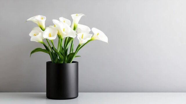 White calla lilies stand in a modern black vase on a minimalist white table against a gray wall
