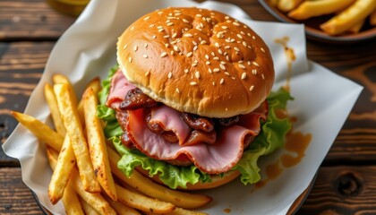 Overhead Shot of Delicious Hamburger with Fries Restaurant Table Food Photography Cozy Atmosphere Top View