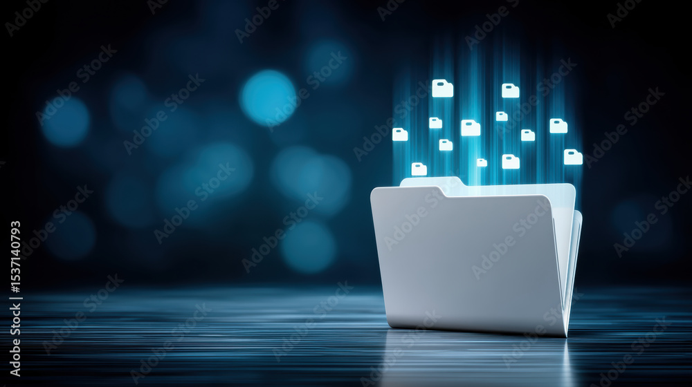 Poster digital folder with glowing file icons representing data transfer and storage in futuristic blue env