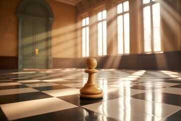 Lone Pawn on Chessboard Bathed in Sunlight in Grand Room