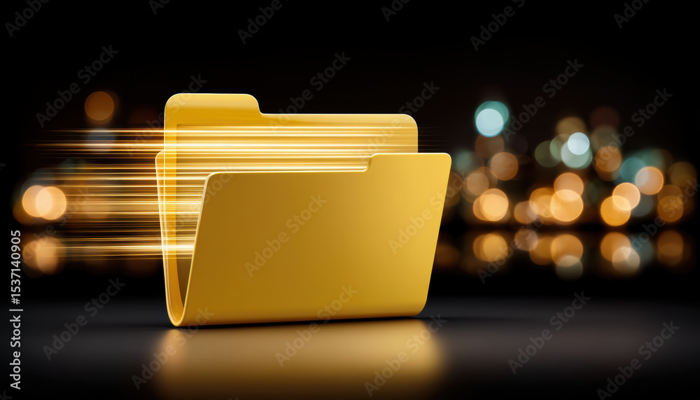 Poster yellow folder with motion blur effect symbolizing fast data transfer and digital file sharing on dar