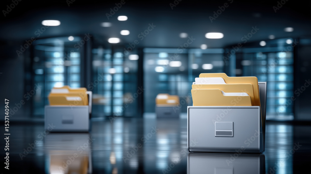 Poster digital file folder with documents in modern office environment showing data storage and organizatio