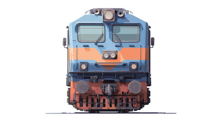 The image is a close-up, front view shot of a diesel locomotive. The locomotive is predominantly blue with orange accents.  The image shows details of the front of the locomotive