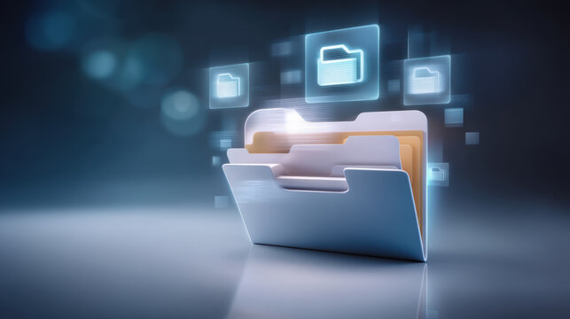 Digital folder with glowing file icons floating above, symbolizing data storage and organization in futuristic style