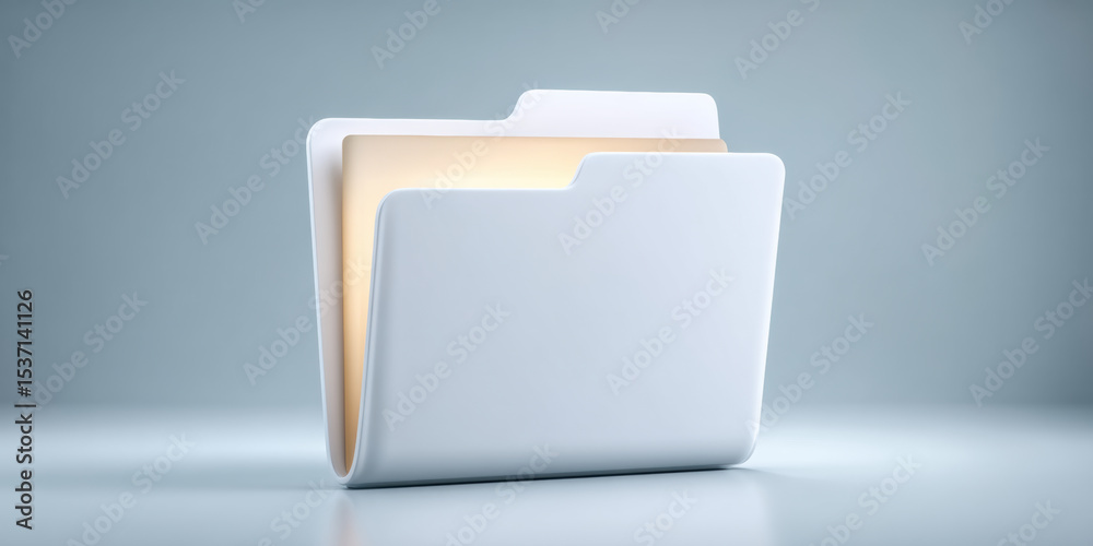 Poster glowing folder icon with soft light inside on smooth surface, symbolizing digital data storage and o