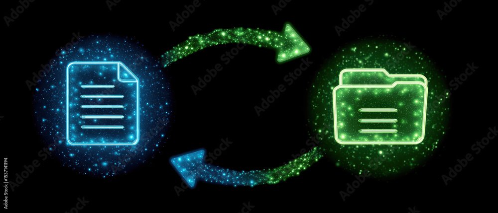 Poster glowing digital icons of document and folder connected by arrows symbolize data transfer and file ma