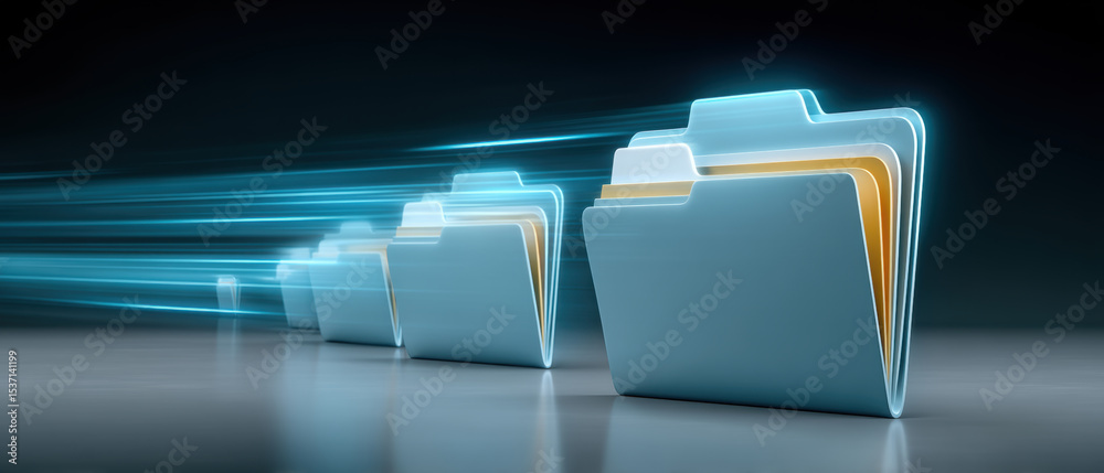 Poster digital folder with glowing edges representing fast data transfer and technology innovation in dark 