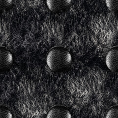 Seamless 4k photo material texture of black fur with leather buttons.
