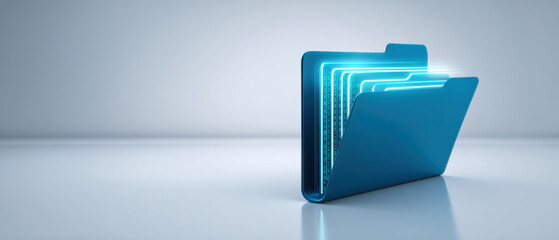 Digital folder with glowing data files inside, symbolizing secure information storage and advanced technology in clean environment