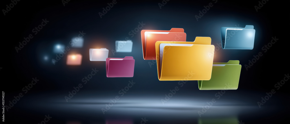Poster colorful digital folder icons floating in dark space with glowing effect representing data organizat