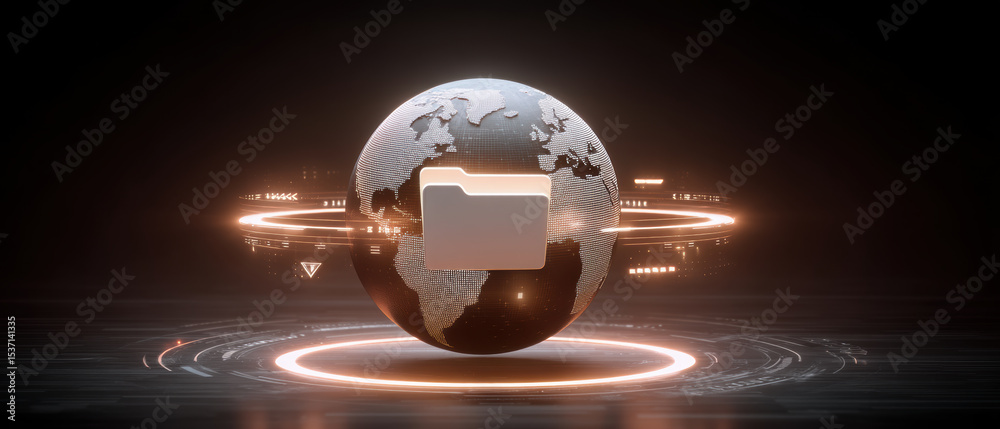 Poster digital globe with folder icon, futuristic data storage concept with glowing rings and technology in