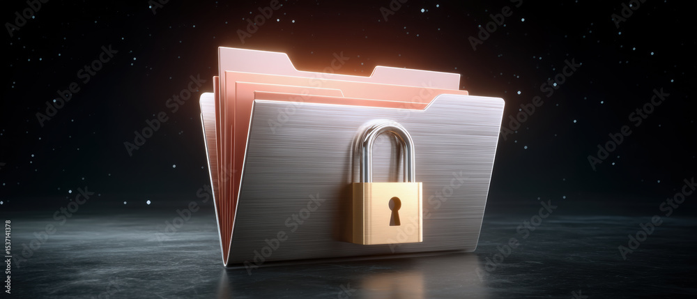 Poster data folder with lock symbol representing secure file storage and protection in digital environment