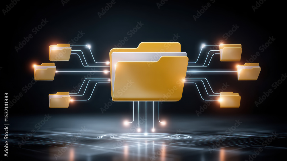 Poster digital folder network connection with glowing lines and futuristic data transfer concept in dark ba
