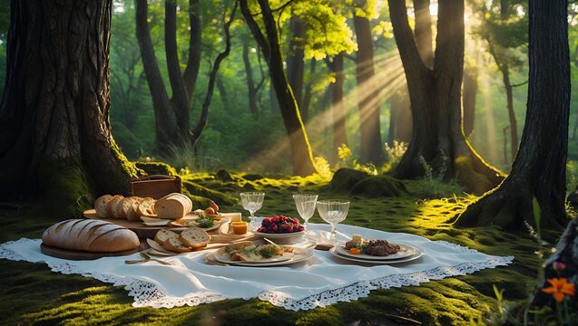 Picnic in Forest with Sunlight and Bread Fruit and Drink