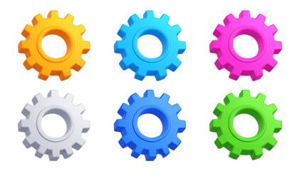 Colorful gear orange blue pink white light blue green isolated 3D illustration mechanical teamwork playful vibrant engineering cheerful technology concept