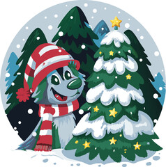 Cartoon Dog in Winter Hat and Scarf with Christmas Tree