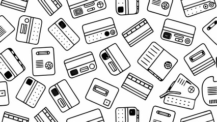 Seamless Pattern of Hand Drawn Credit Cards on White Background