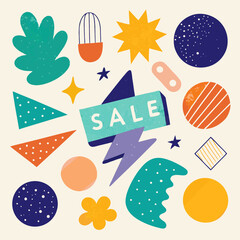 Whimsical Sale Illustration with Abstract Shapes and Bright Colors