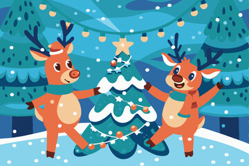 Naklejka premium Festive Christmas Illustration with Reindeer Christmas Tree and Snowfall in a Winter Wonderland