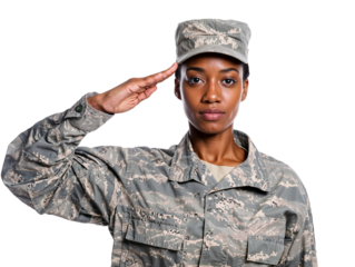African female soldier. Black woman in uniform saluting. Transparent background. PNG	