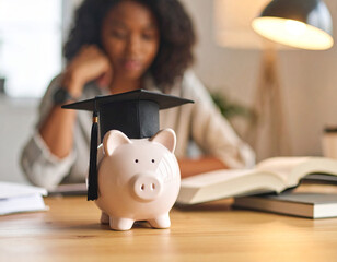 A thoughtful student with a graduation cap on a piggy bank, symbolizing financial planning for future education.