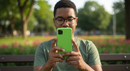 Fototapeta premium Man sitting on bench using smartphone with green screen outdoors