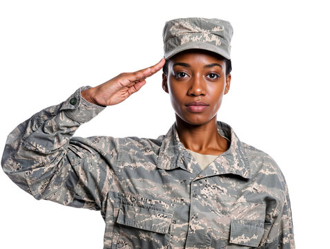 African female soldier. Black woman in uniform saluting. Transparent background. PNG	 - Powered by Adobe