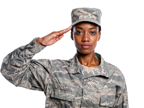 African female soldier. Black woman in uniform saluting. Transparent background. PNG	