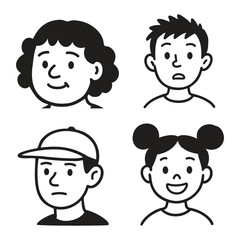 Hand draw simple cartoon faces collection in black and white vector illustration