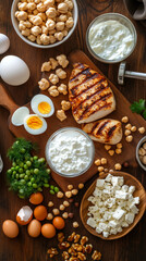 High-Protein Healthy Foods on Wooden Table – Top View with Fitness Accessories

