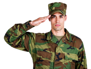 Male soldier in uniform saluting. Transparent background. PNG