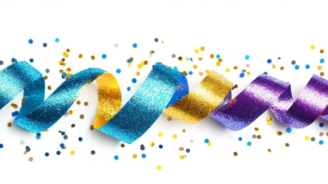 Colorful glitter ribbons and confetti scattered on a white background, perfect for celebrations