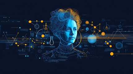 vector style portrait of Marie Curie surrounded by chemistry symbols radiation imagery and books for science history presentations