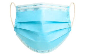 Pleated light blue disposable protective face mask on a transparent background